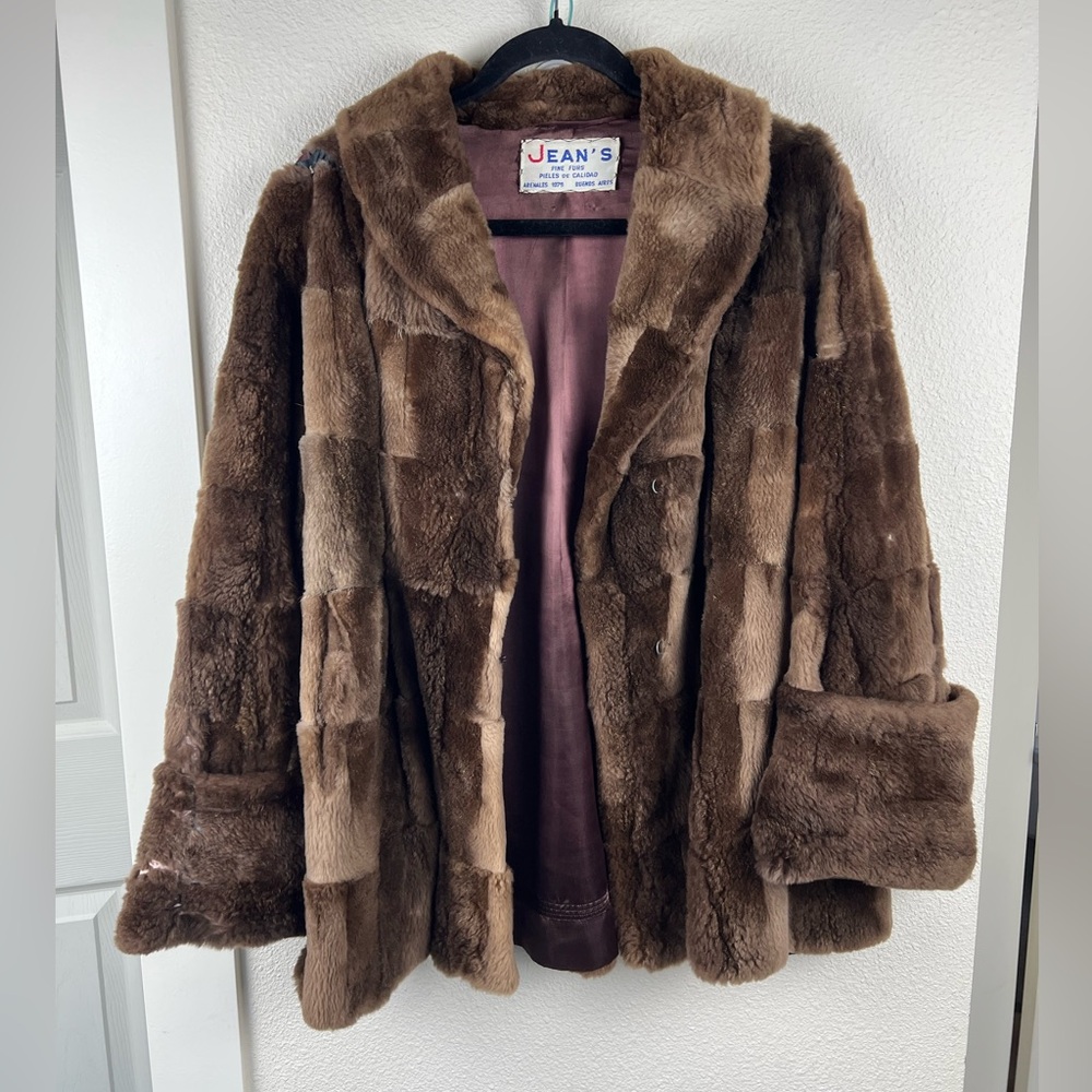Vintage Brown Patchwork Fur Coat Mid Length 70s Vibe